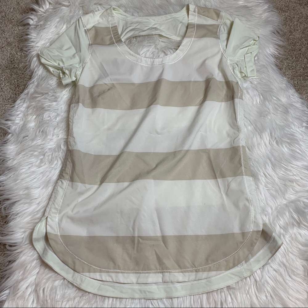 Lululemon White and Tan Stripe Short Sleeve Tee